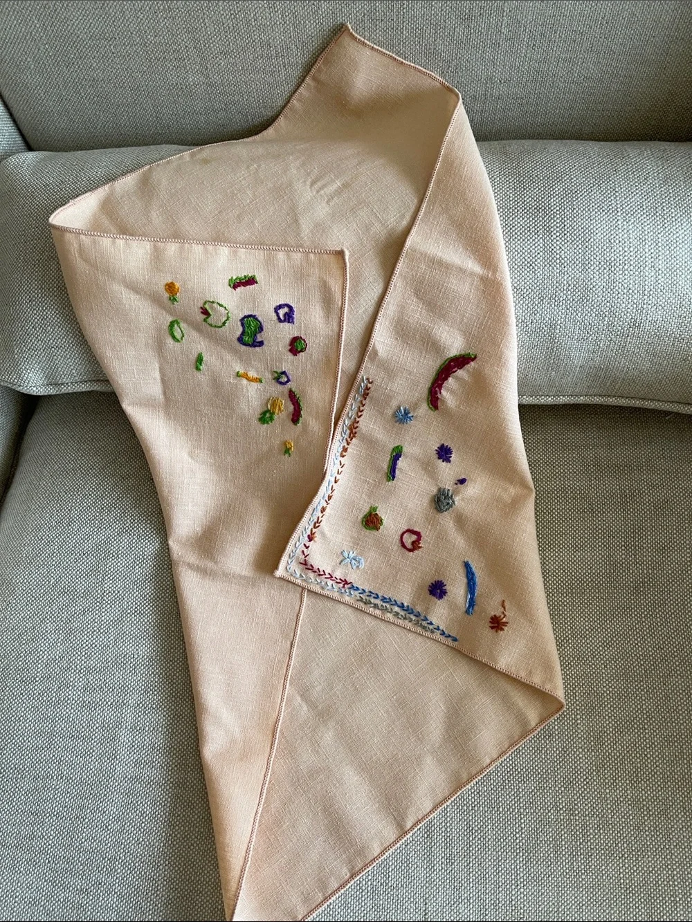 Hand-Embroidered Linen Napkin with Colorful Floral Accents